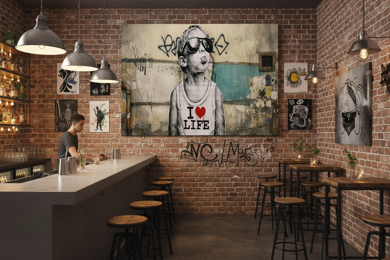 Banksy style I Love Life graffiti canvas wall art displayed on the wall of a trendy urban bar with exposed brick walls and industrial pendant lights - Portugal Canvas Co