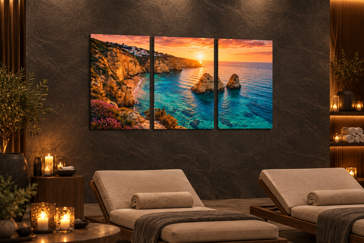 Algarve golden cliffs sunset triptych canvas on a charcoal stone wall in a luxury spa lounge - Portugal Canvas Co