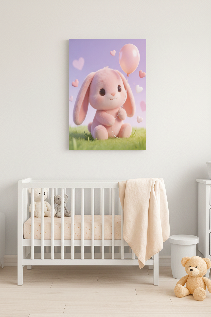 Cute pink bunny nursery canvas wall art displayed above a white crib in a Scandinavian nursery - Portugal Canvas Co