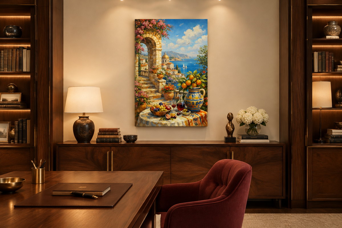 Mediterranean terrace dining scene canvas in an elegant walnut study with lamp lighting - Portugal Canvas Co