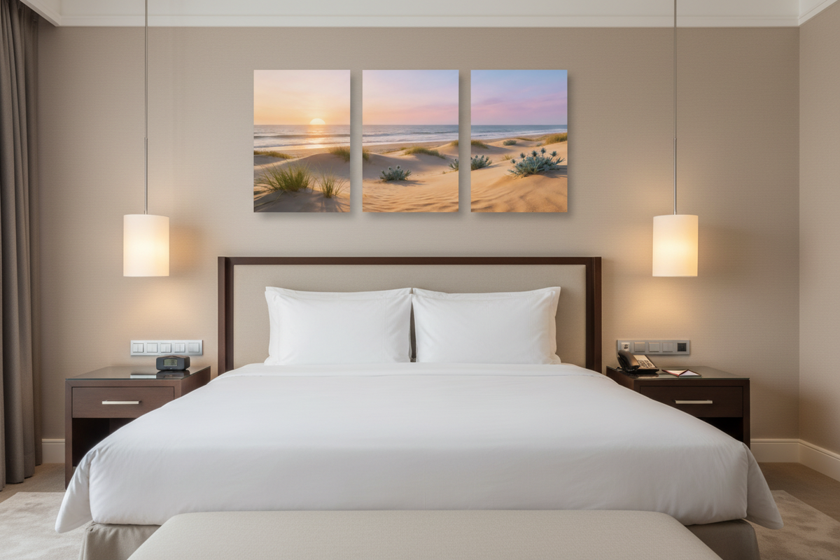 Mediterranean beach sunset triptych canvas print displayed above a luxury hotel bed - Portugal Canvas Co
