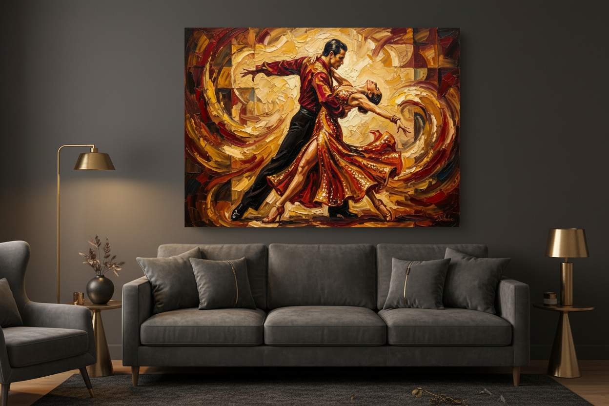 Dynamic swirling tango couples dance canvas wall art on a charcoal grey wall in a dark moody living room with velvet sofa and brass accents - Portugal Canvas Co