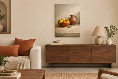 Citrus bowl and terracotta jug still life canvas displayed in an ivory living room - Portugal Canvas Co