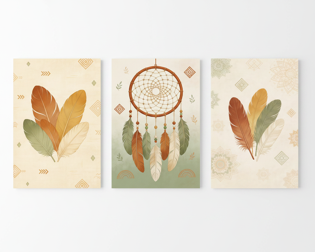Boho dreamcatcher triptych canvas wall art set with feathers and dreamcatcher in warm cream and sage green tones flat lay on white background - Portugal Canvas Co