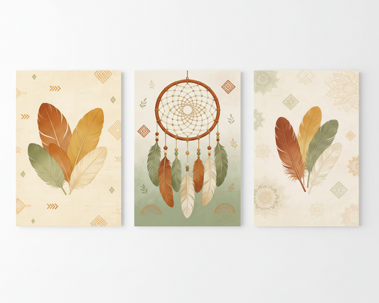 Boho dreamcatcher triptych canvas wall art set with feathers and dreamcatcher in warm cream and sage green tones flat lay on white background - Portugal Canvas Co