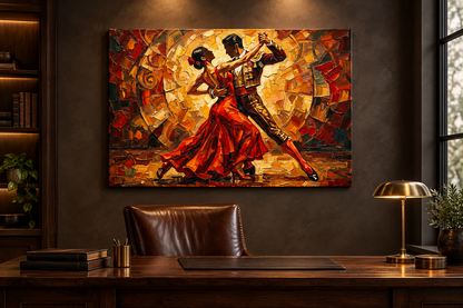 Expressive dancing couple canvas displayed in a sophisticated home office - Portugal Canvas Co