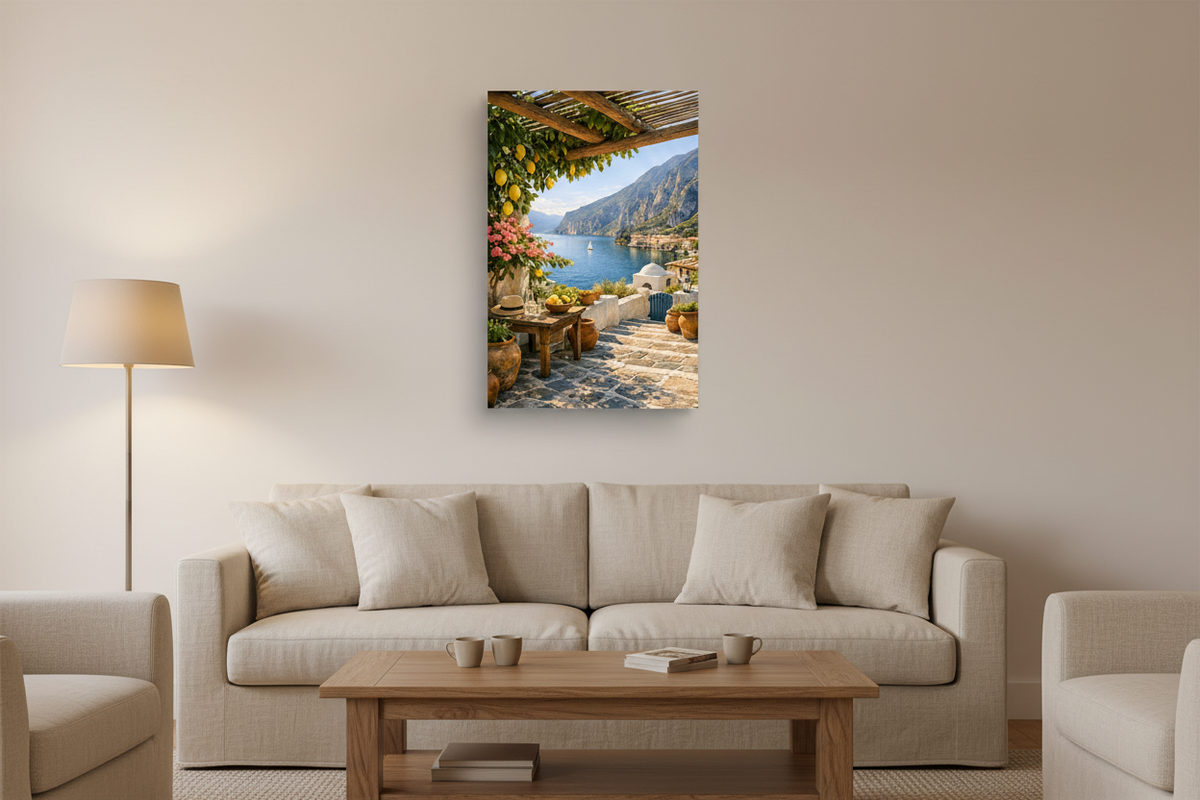 Mediterranean lemon terrace canvas print displayed on a warm white wall in a cozy living room with soft ambient lamp lighting - Portugal Canvas Co