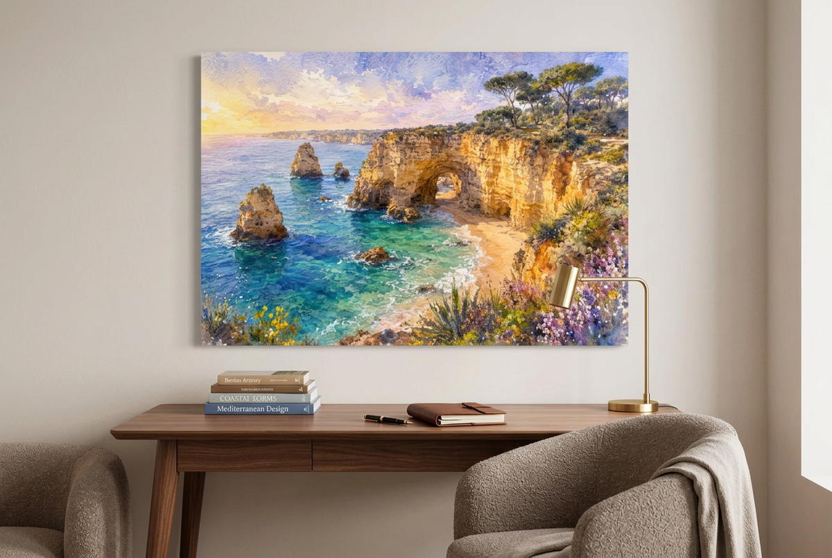 Algarve coastal arch canvas above a walnut desk in a neutral home office - Portugal Canvas Co