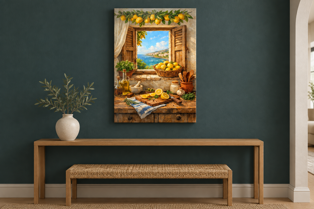 Mediterranean lemon and coastal window canvas displayed in a deep teal hallway - Portugal Canvas Co