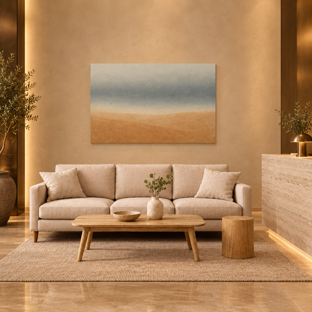Soft grey-blue and sand abstract horizon canvas in boutique hotel lobby - Portugal Canvas Co