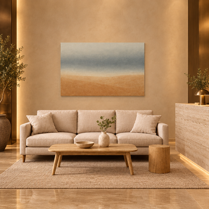 Soft grey-blue and sand abstract horizon canvas in boutique hotel lobby - Portugal Canvas Co