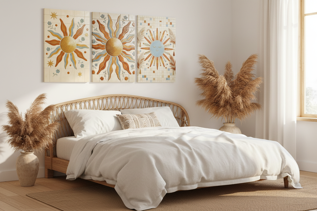 Three-panel boho Mediterranean sun mosaic triptych canvas wall art with terracotta, gold and blue tones displayed above a rattan bed in a bright boho bedroom with pampas grass and white linen - Portugal Canvas Co