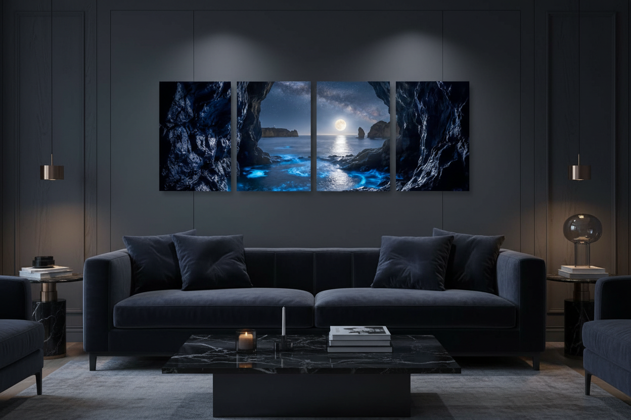 Moonlit sea cave four-panel canvas art displayed on a dark charcoal feature wall in a luxury contemporary living room - Portugal Canvas Co