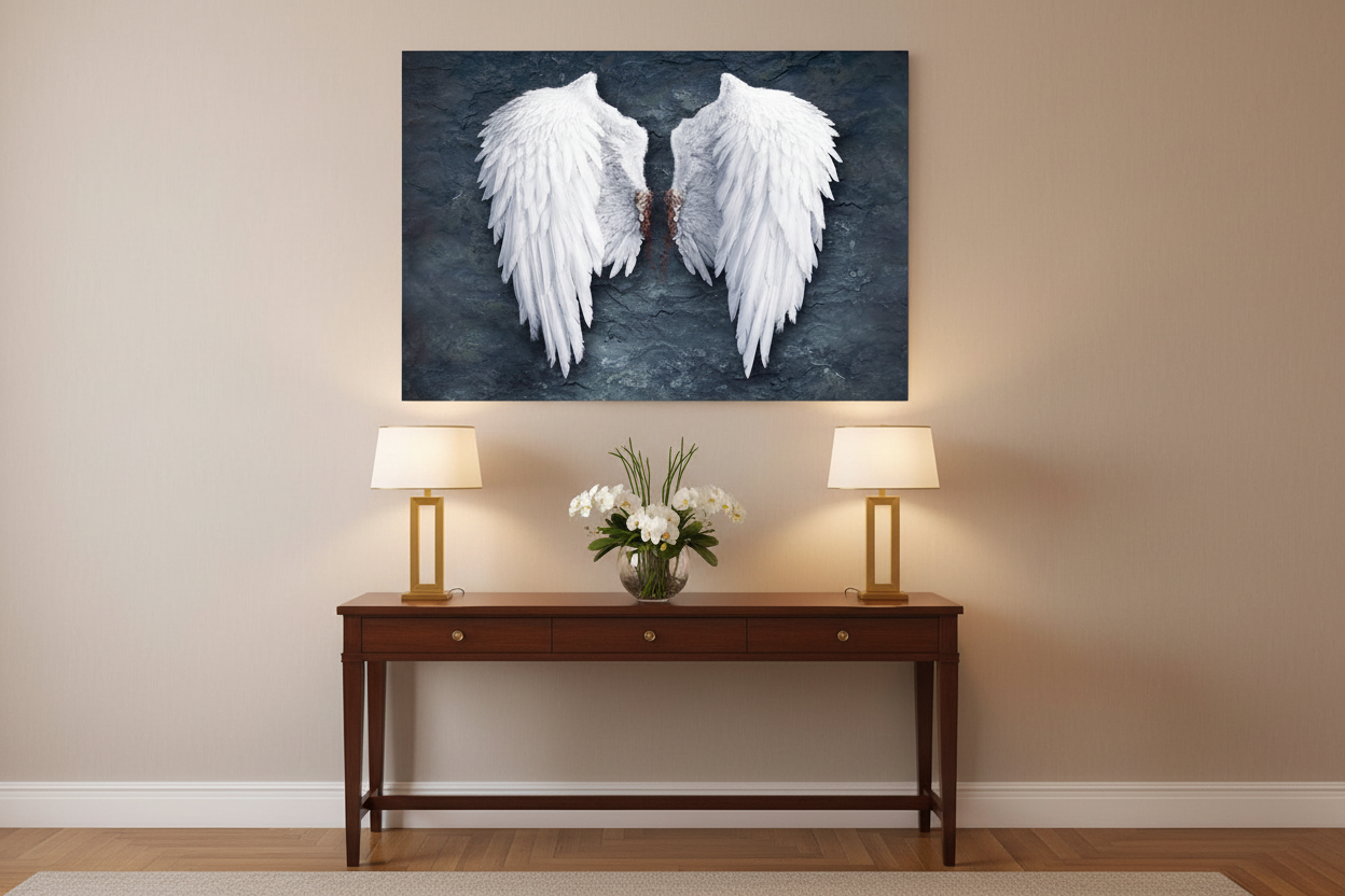 White angel wings on dark textured background canvas wall art displayed above a console table with flowers in a bright luxury hotel suite - Portugal Canvas Co