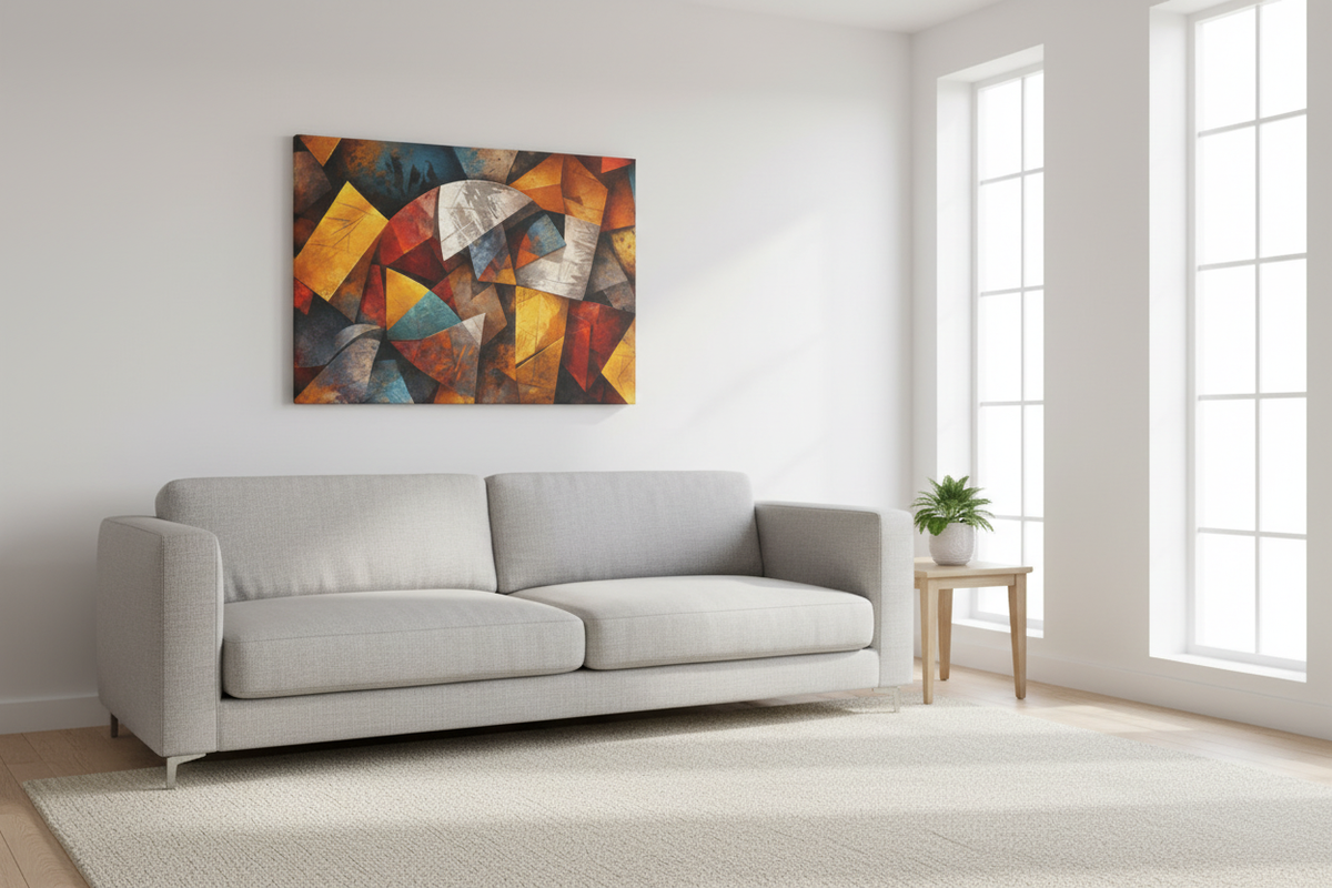 Modern abstract geometric canvas wall art with warm terracotta, gold and teal tones displayed above a grey sofa in a bright modern living room - Portugal Canvas Co