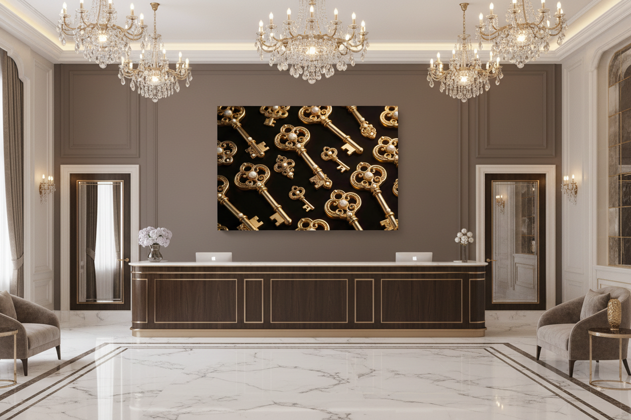 Divine Gold Keys canvas wall art displayed on the feature wall of a grand luxury hotel reception lobby with marble floors and crystal chandeliers - Portugal Canvas Co