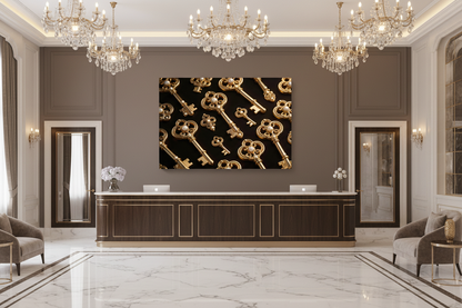 Divine Gold Keys canvas wall art displayed on the feature wall of a grand luxury hotel reception lobby with marble floors and crystal chandeliers - Portugal Canvas Co