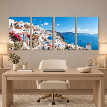 Santorini in Bloom four-panel canvas set above a pale oak desk in a neutral office - Portugal Canvas Co