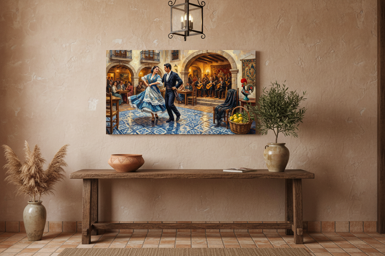 Traditional Iberian fado dance painting canvas wall art displayed in a warm rustic hallway entryway - Portugal Canvas Co