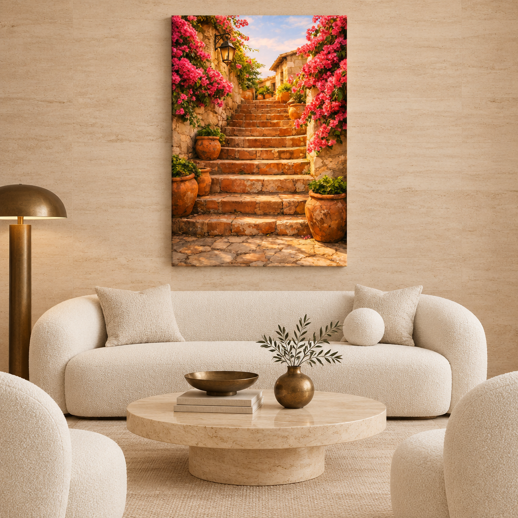 Pink bougainvillea and golden stone staircase canvas in a luxury cream and travertine living room - Portugal Canvas Co