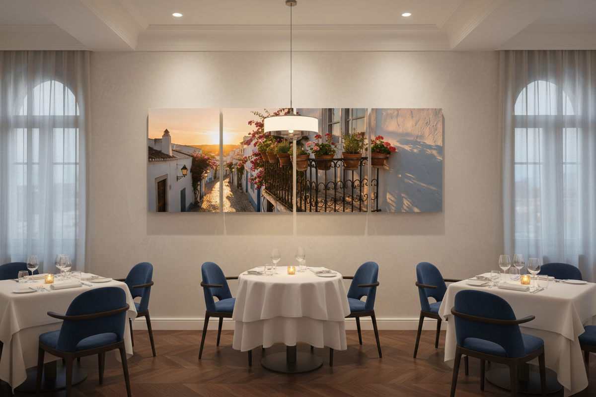 Old Town Albufeira four-panel canvas wall art in a luxury hotel restaurant - Portugal Canvas Co