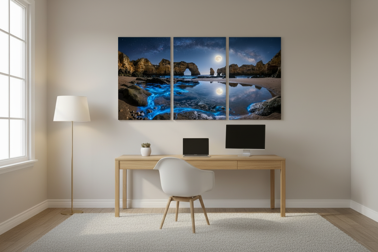 Algarve bioluminescent beach triptych canvas wall art displayed behind a desk in a contemporary Scandinavian home office - Portugal Canvas Co