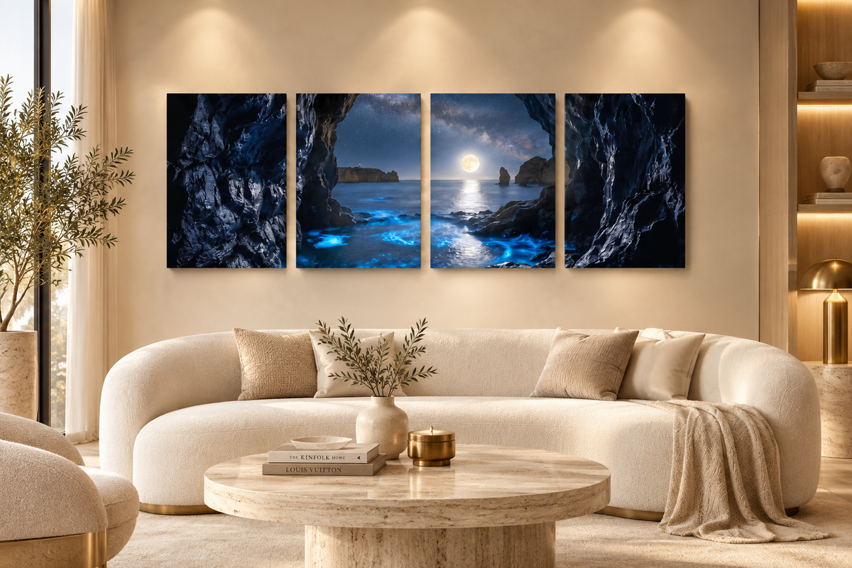 Moonlit sea cave four-panel canvas above a cream sofa in an ivory and champagne living room - Portugal Canvas Co