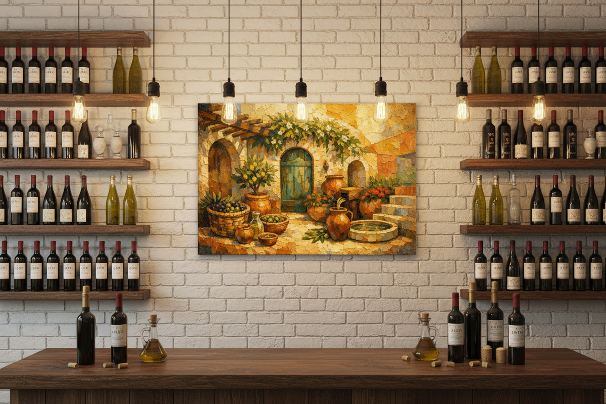 Mediterranean courtyard still life canvas wall art displayed in a wine bar with whitewashed wall and Edison bulb lighting - Portugal Canvas Co