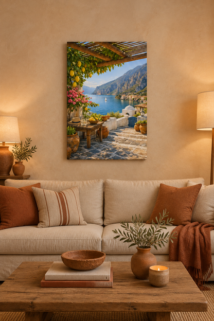 Lemon pergola terrace canvas above a cream sofa in a terracotta living room - Portugal Canvas Co