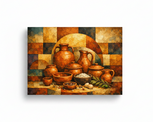 Terracotta ceramic pottery cubist still life canvas wall art on white background - Portugal Canvas Co