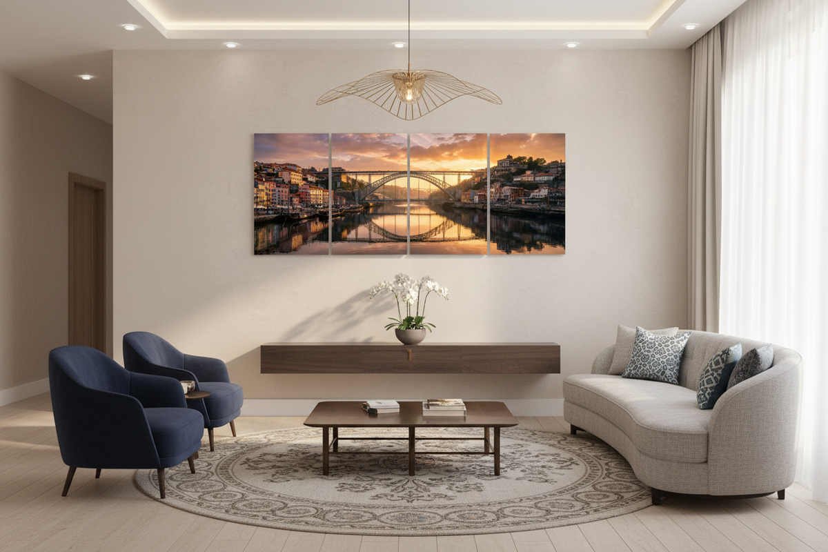 Porto bridge four-panel canvas in a boutique hotel lobby - Portugal Canvas Co