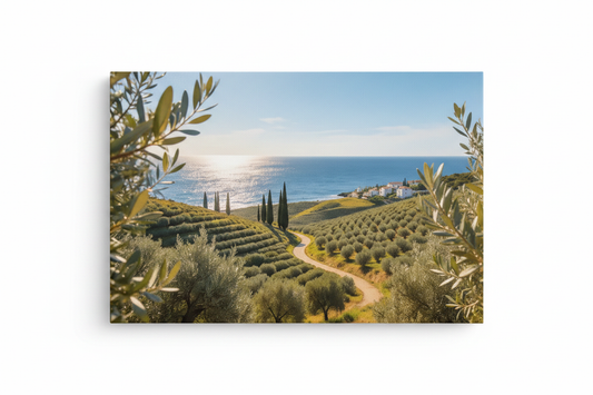 Mediterranean olive grove coastal landscape canvas wall art flat lay close-up on white background - Portugal Canvas Co