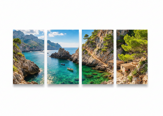 Hidden Mediterranean cove four-panel canvas wall art on white background - Portugal Canvas Co