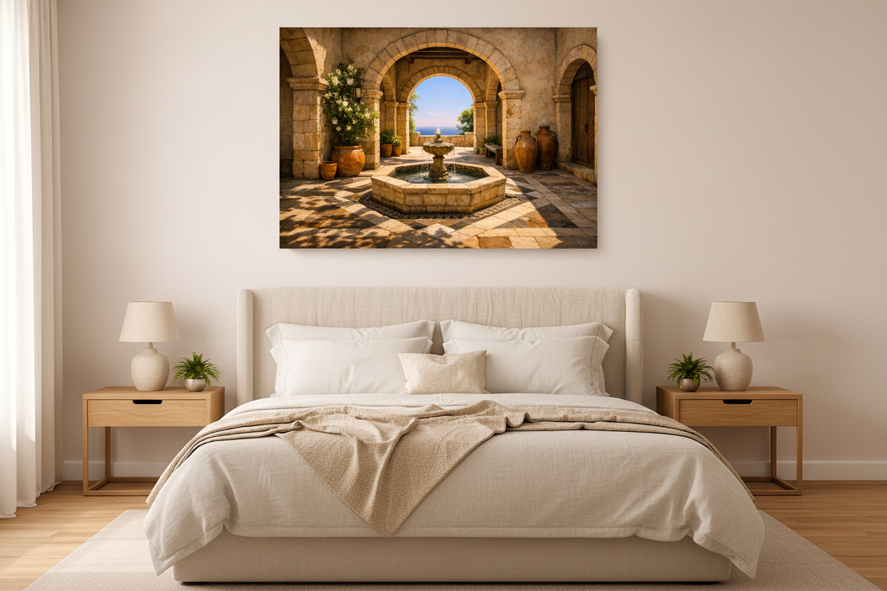 Mediterranean courtyard with stone arches and fountain canvas wall art displayed above a bed in a bright airy bedroom - Portugal Canvas Co