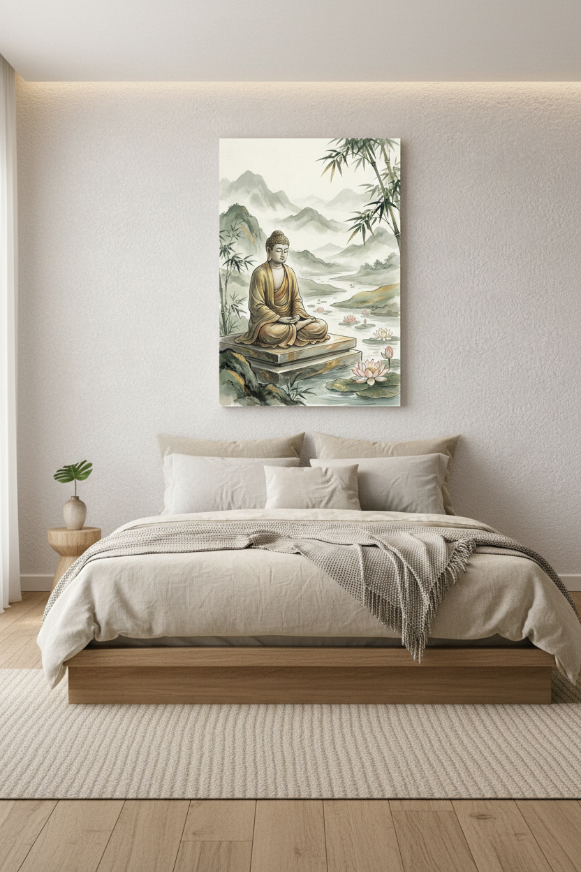 Meditating Buddha bamboo lotus watercolor canvas wall art above a Japanese-style platform bed in a serene minimalist bedroom - Portugal Canvas Co