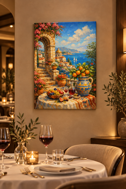 Mediterranean coastal archway canvas with bougainvillea and sea view in a fine dining restaurant - Portugal Canvas Co