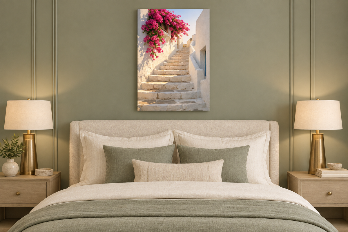 Greek staircase with pink bougainvillea canvas displayed in a sage bedroom - Portugal Canvas Co