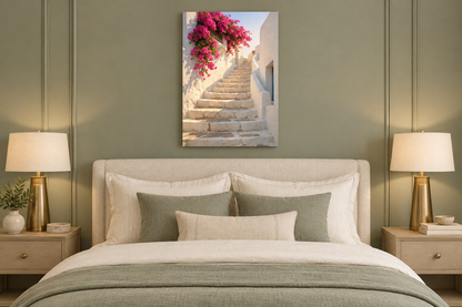 Greek staircase with pink bougainvillea canvas displayed in a sage bedroom - Portugal Canvas Co