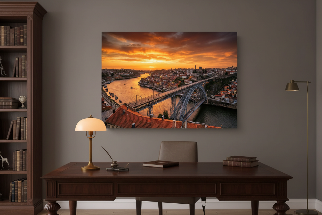 Porto cityscape Dom Luis I bridge sunset canvas wall art displayed in a sophisticated office study - Portugal Canvas Co