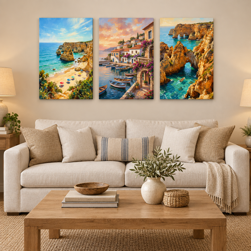 Algarve three-panel canvas set showing a beach, waterfront village and sea arches in a cream and oak living room - Portugal Canvas Co