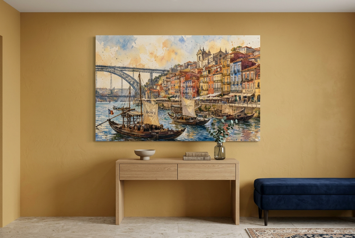 Porto Ribeira waterfront and boats canvas above an oak console in an ochre entryway - Portugal Canvas Co