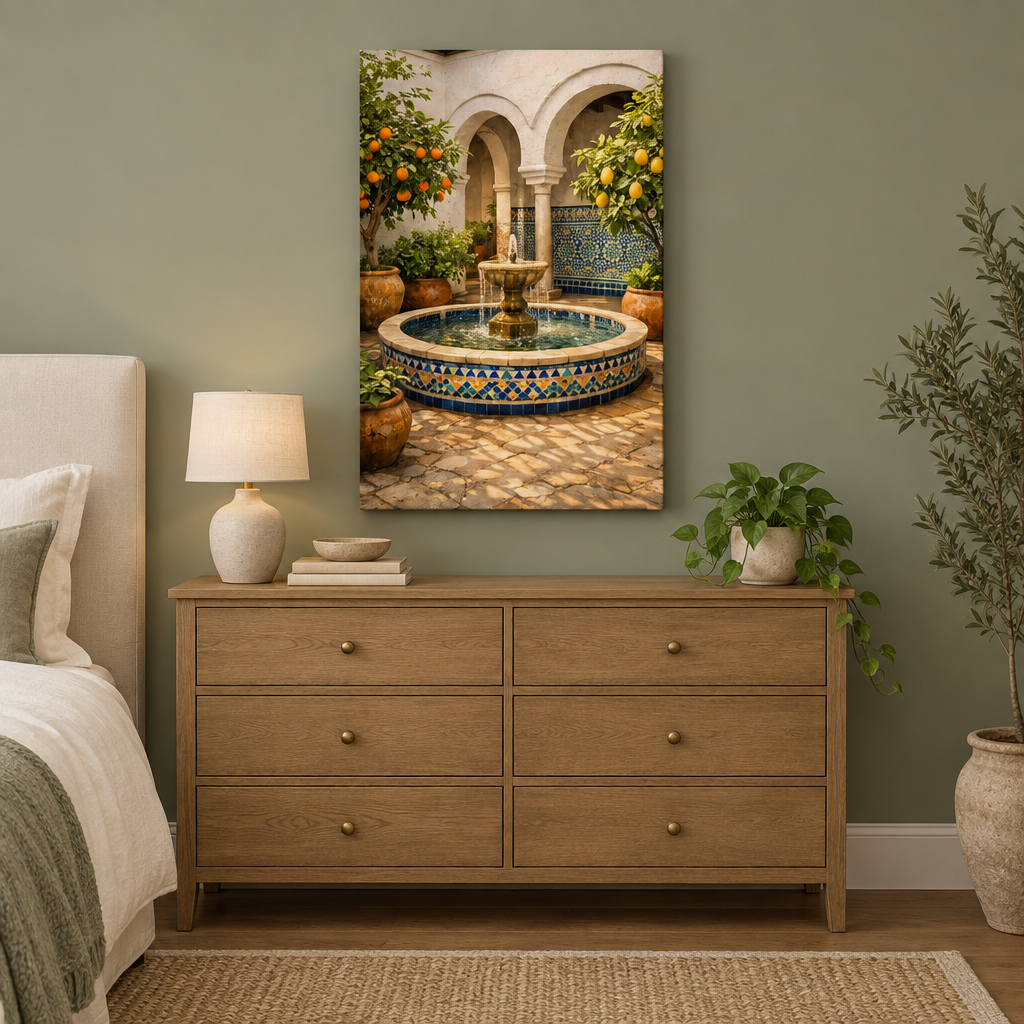 Andalusian courtyard mosaic fountain canvas with orange and lemon trees above a dresser in a sage green bedroom - Portugal Canvas Co