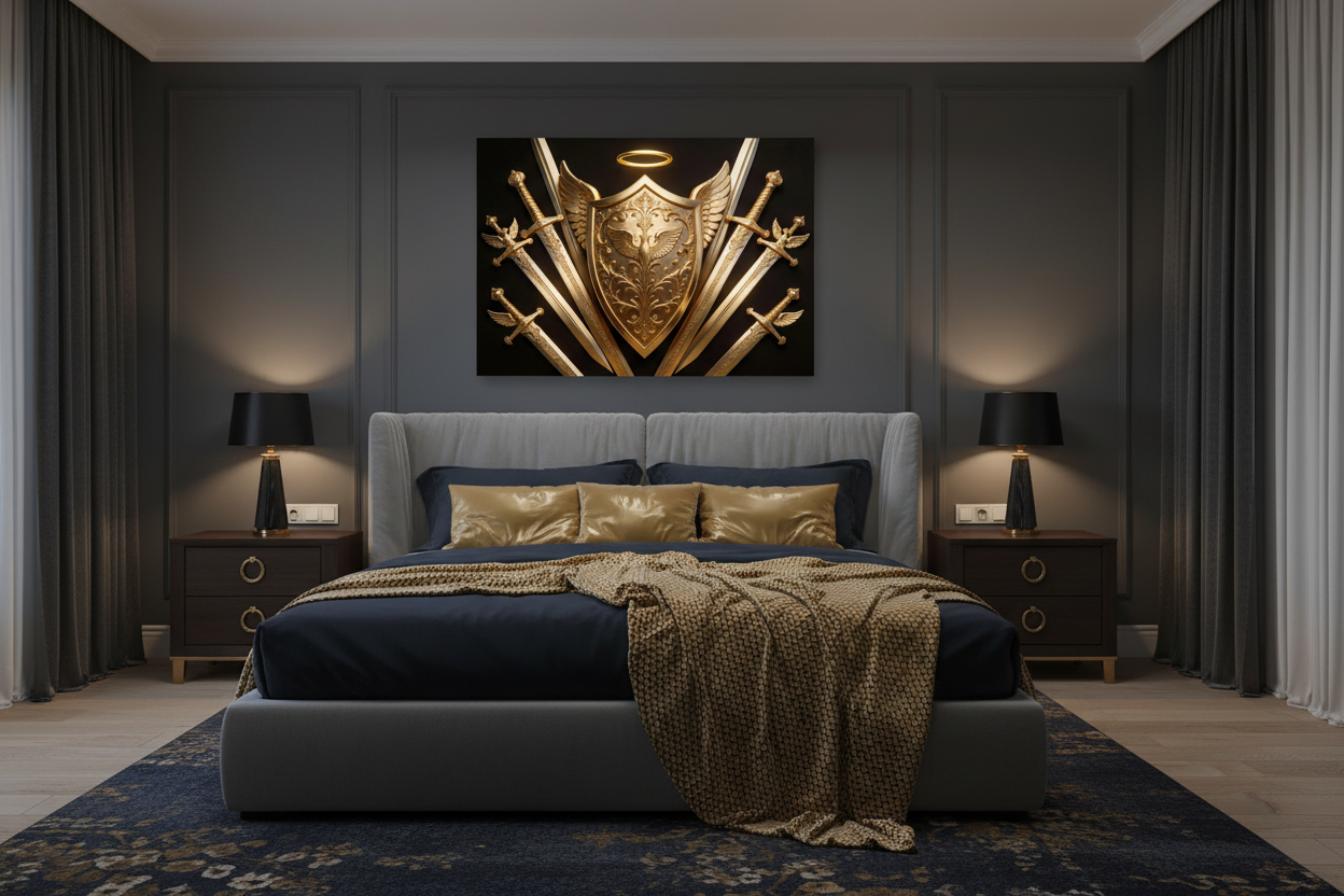 Divine Golden Shield and Angelic Swords canvas wall art displayed above the bed in a luxurious dark bedroom with navy walls and gold accent pillows - Portugal Canvas Co