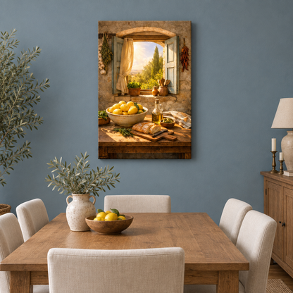 Rustic lemon window still life canvas wall art in a dusty blue dining room - Portugal Canvas Co