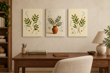 Three-piece olive branch canvas set above a walnut desk in a home study - Portugal Canvas Co