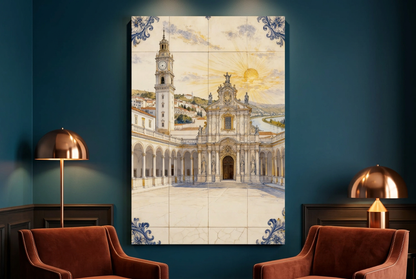 Portrait Coimbra architecture canvas on a petrol blue wall with copper lamps and rust velvet chairs - Portugal Canvas Co