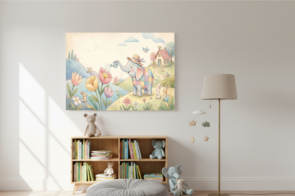 Whimsical elephant nursery canvas wall art in a children's reading nook with wooden bookshelf and soft plush toys - Portugal Canvas Co