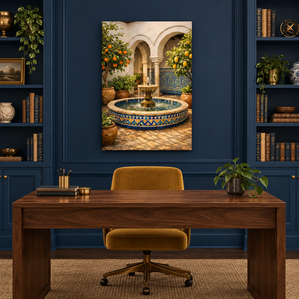 Andalusian courtyard mosaic fountain canvas with orange and lemon trees in a navy blue study - Portugal Canvas Co