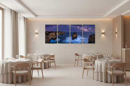 Four-panel Algarve coast at night gallery-wrapped canvas set in a bright luxury hotel restaurant with light neutral interiors - Portugal Canvas Co