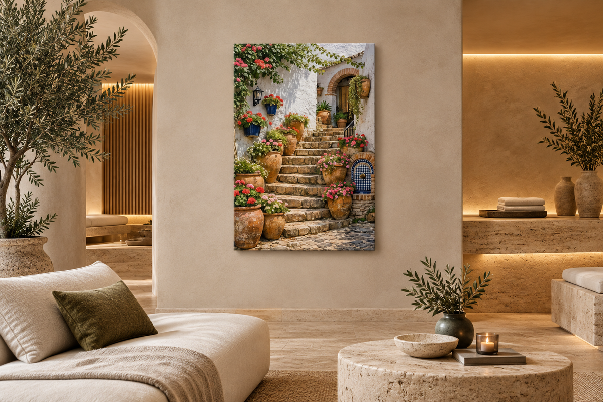 Portrait flower-lined stone staircase canvas in a serene travertine spa lounge - Portugal Canvas Co
